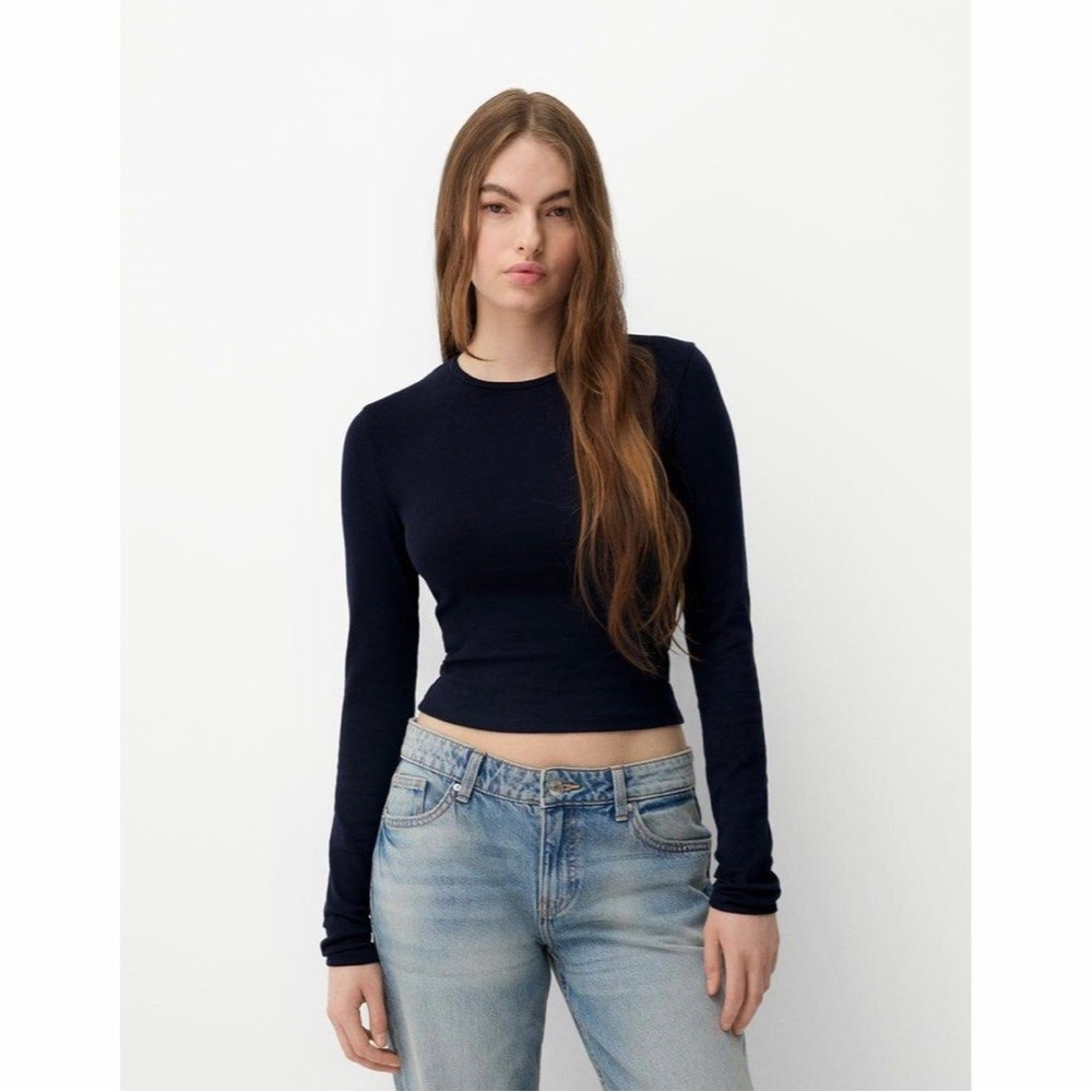 Zara Black Ribbed Long Sleeve Crop Tee - Picture 2 of 6